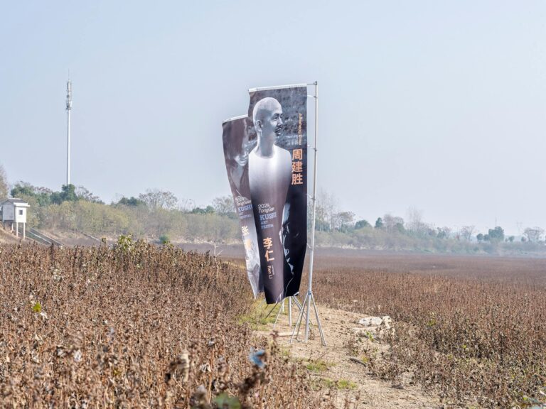 Banners promoting an event stand in a dry rural landscape.